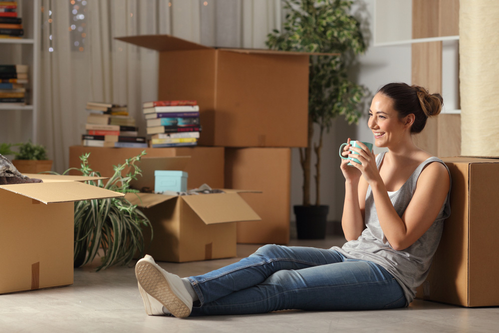 Happy,Tenant,Resting,Drinking,Coffee,Moving,Home,Sitting,On,The floor