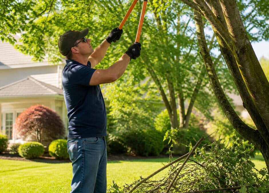 A man using scissors to trim branches from a tree in a garden setting